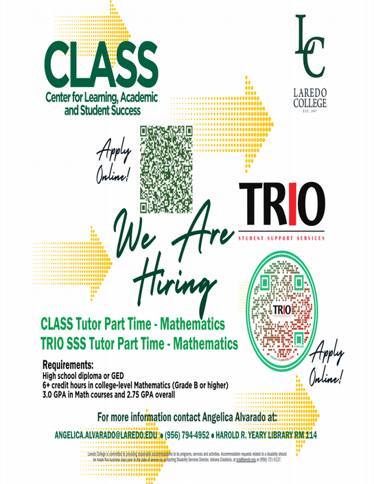 TRIO AND CLASS PART TIME Tutors Needed